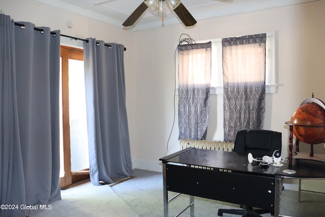 carpeted office space featuring crown molding and ceiling fan