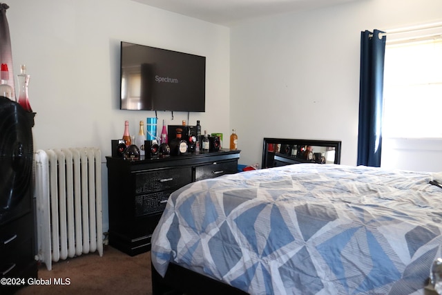 carpeted bedroom featuring radiator heating unit