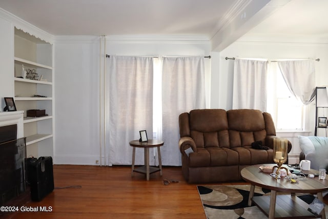 living room with ornamental molding, wood-type flooring, and a fireplace