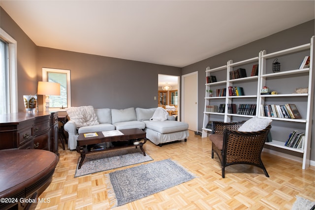 living room with light parquet floors