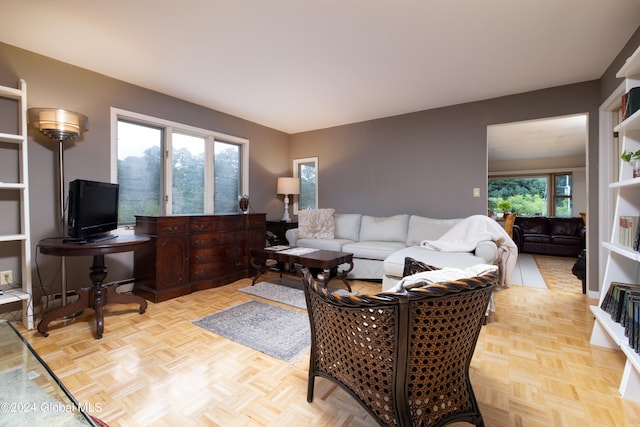 living room with a healthy amount of sunlight and light parquet floors