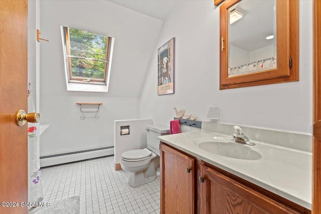 bathroom featuring toilet, tile patterned flooring, vanity, a baseboard radiator, and vaulted ceiling