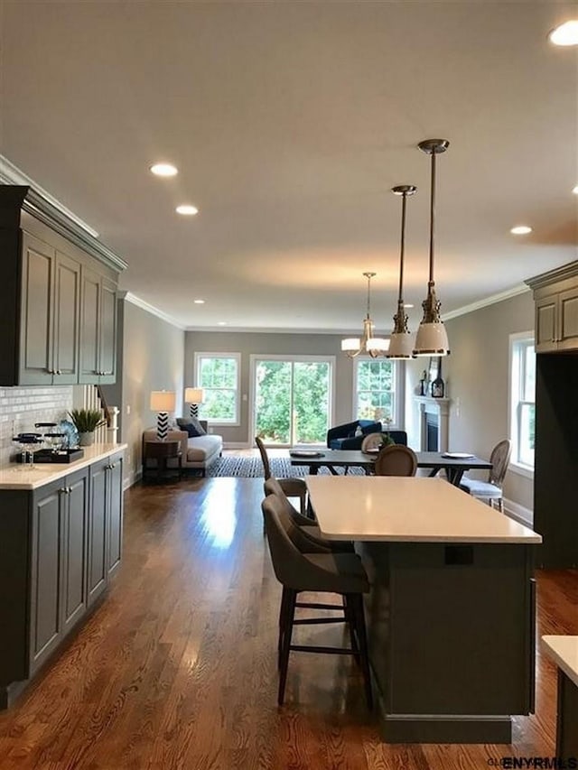 dining space featuring ornamental molding and dark hardwood / wood-style floors