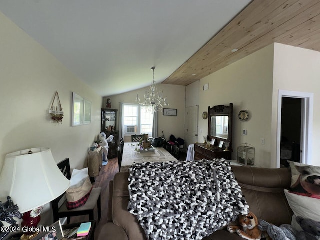 living room with wood ceiling, lofted ceiling, a chandelier, and wood-type flooring