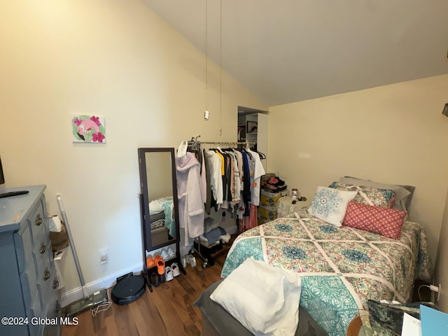 bedroom with lofted ceiling and dark wood-type flooring