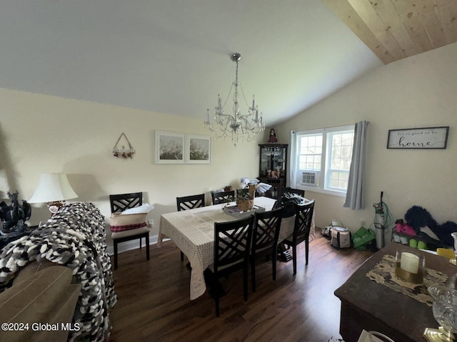 dining room featuring dark wood-type flooring, vaulted ceiling, and an inviting chandelier