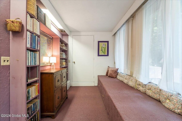 bedroom with dark carpet and multiple windows