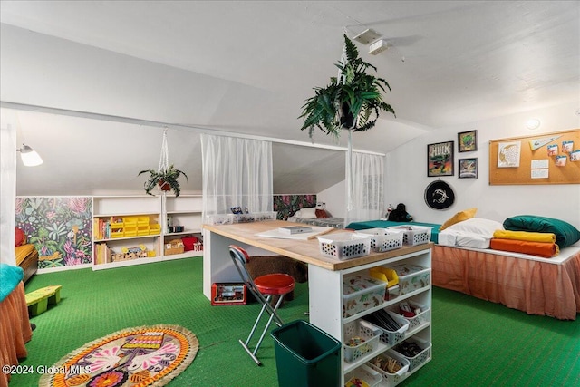 game room with carpet flooring and vaulted ceiling