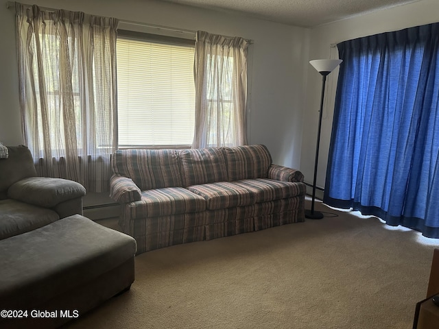 living room featuring a textured ceiling, carpet, and a baseboard heating unit