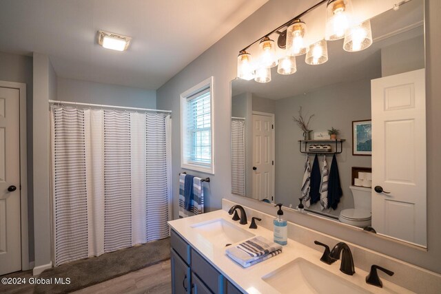 bathroom with wood-type flooring, toilet, and vanity