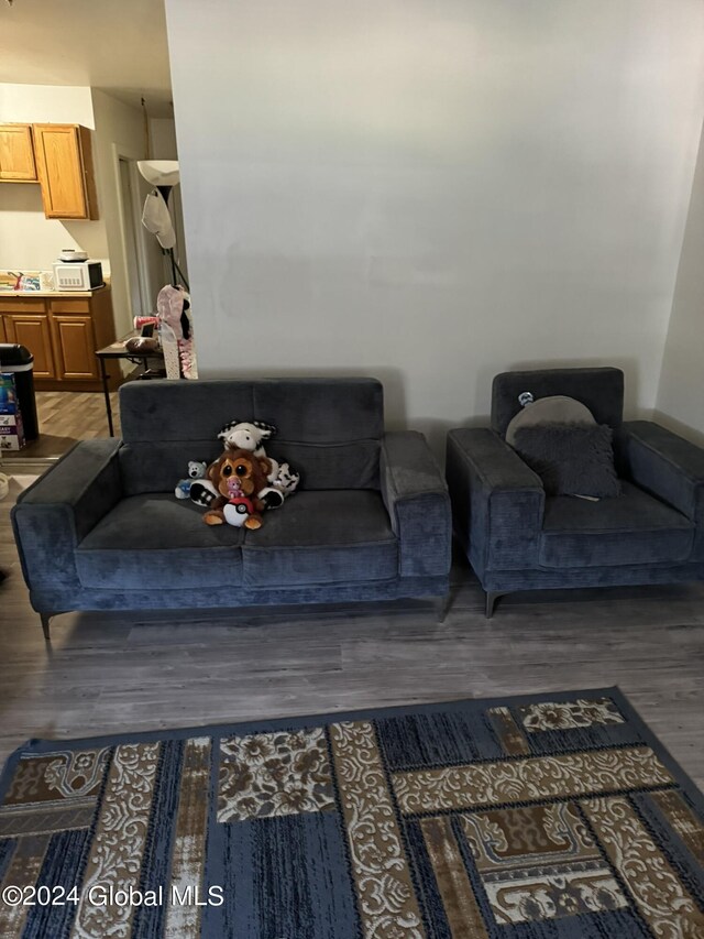 living room with dark hardwood / wood-style flooring