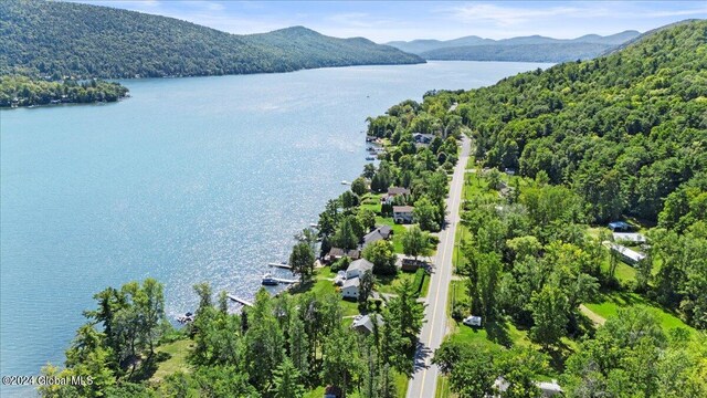 birds eye view of property with a water and mountain view