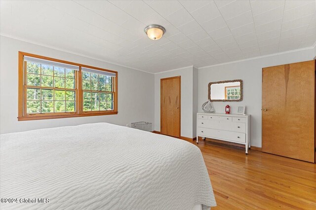 bedroom with crown molding and light hardwood / wood-style flooring