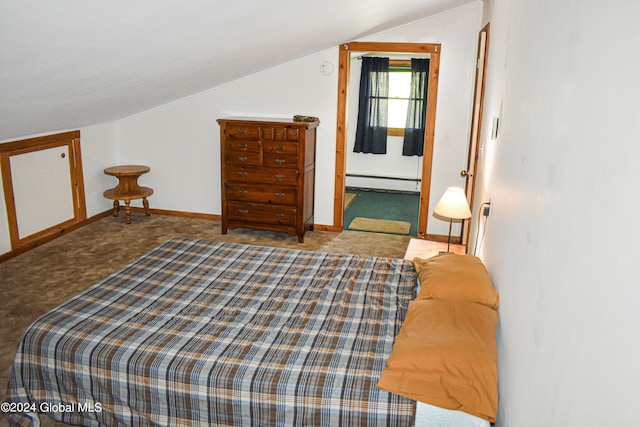 carpeted bedroom with lofted ceiling and a baseboard heating unit