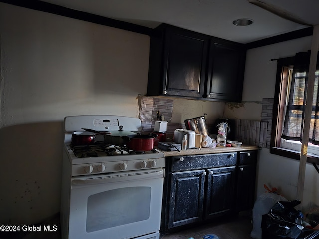 kitchen featuring gas range gas stove, light countertops, and dark cabinets