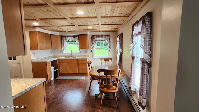 kitchen with coffered ceiling, beamed ceiling, dark hardwood / wood-style flooring, sink, and wooden ceiling