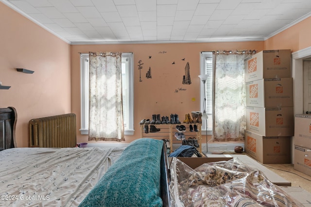 bedroom featuring crown molding, radiator heating unit, and multiple windows