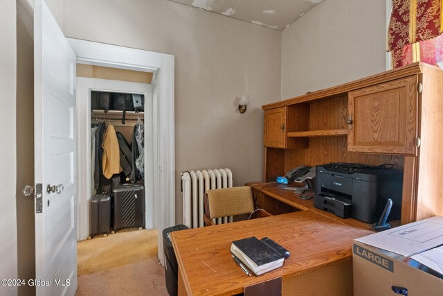 office area featuring radiator and light carpet