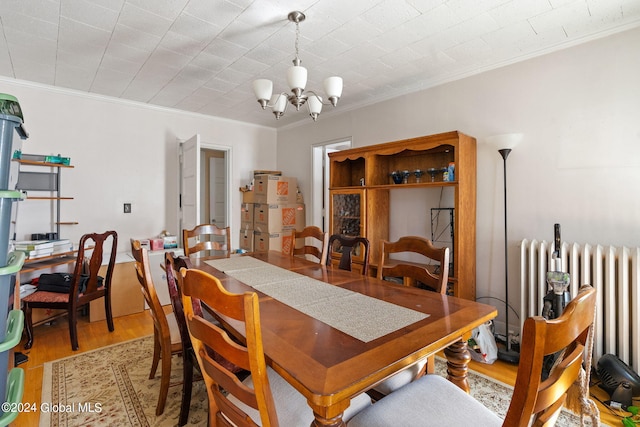 dining room featuring crown molding, radiator heating unit, wood-type flooring, and a chandelier