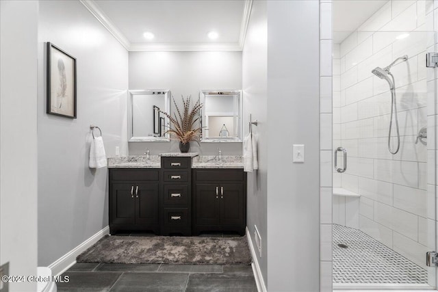 bathroom featuring vanity, an enclosed shower, and crown molding