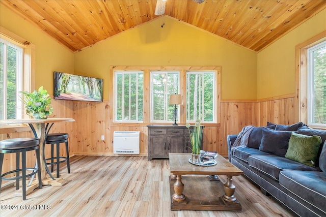 living room featuring a wealth of natural light, wood ceiling, lofted ceiling, and light wood-type flooring