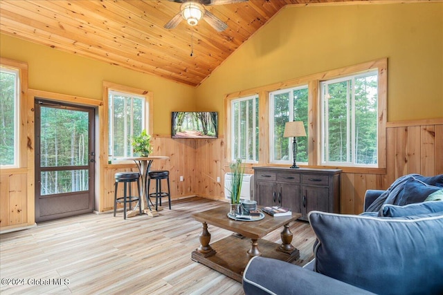 sitting room with wooden walls, light hardwood / wood-style floors, wood ceiling, and a wealth of natural light