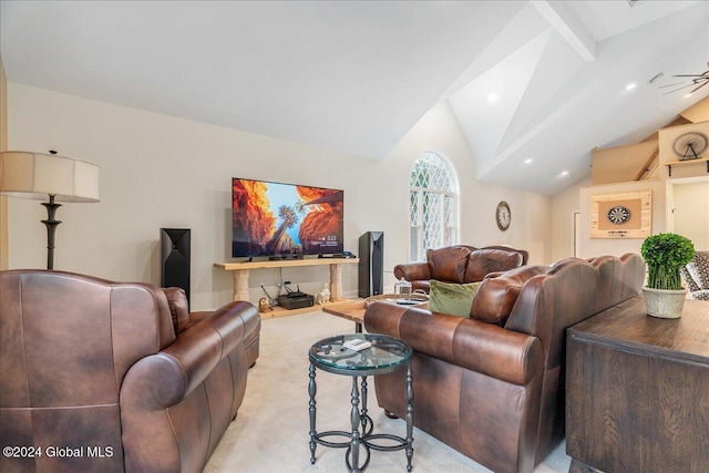 living room featuring light carpet, vaulted ceiling, and ceiling fan