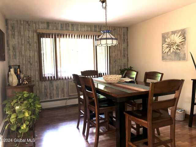 dining area featuring dark hardwood / wood-style floors and a baseboard radiator