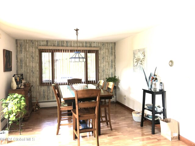 dining room with hardwood / wood-style floors and a baseboard heating unit