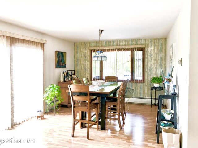 dining area with hardwood / wood-style flooring and baseboard heating