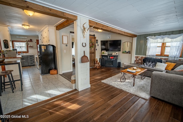 living room featuring wood-type flooring and sink