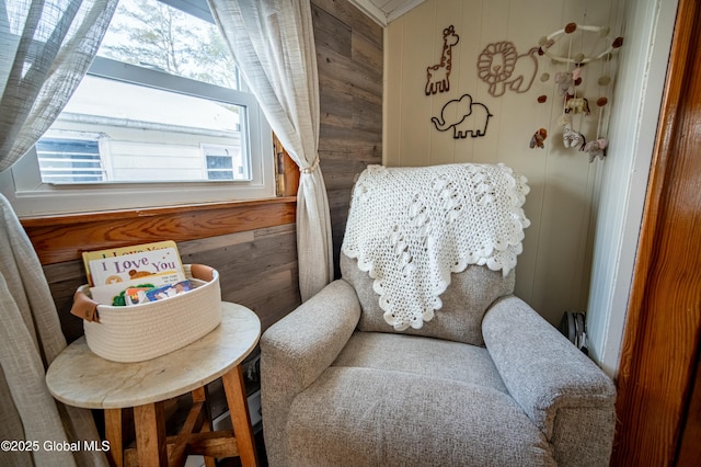 sitting room with wooden walls