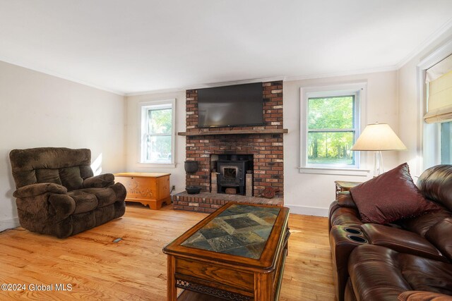 living room with crown molding, light hardwood / wood-style floors, and a fireplace