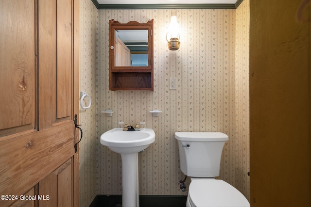 bathroom featuring toilet and ornamental molding