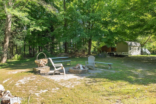 view of yard featuring a fire pit and a storage unit