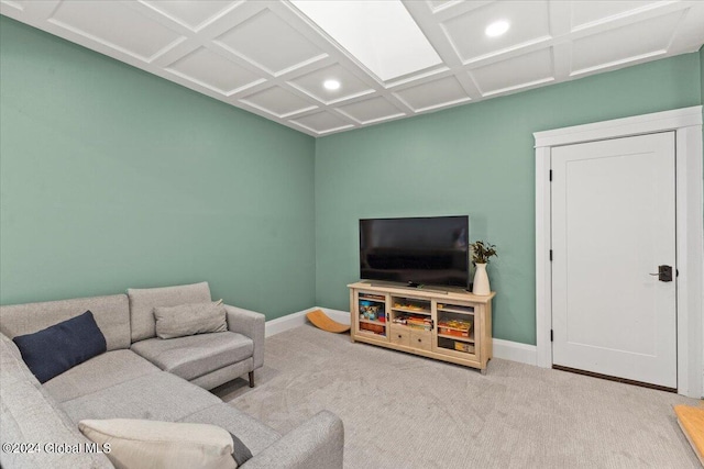 living room featuring light carpet and coffered ceiling