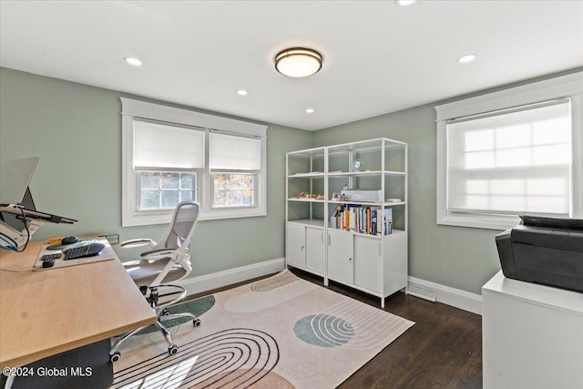 home office featuring dark wood-type flooring