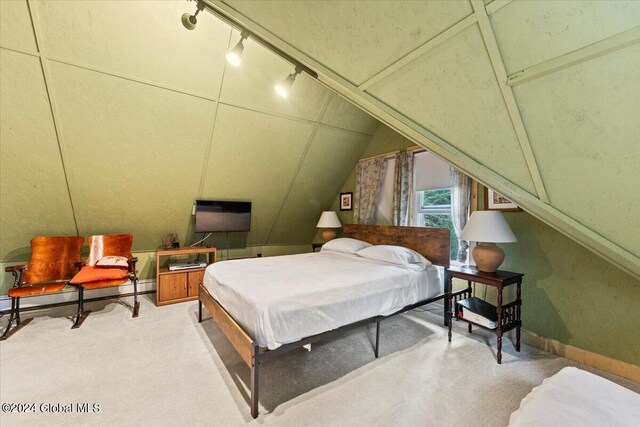 carpeted bedroom with vaulted ceiling and rail lighting