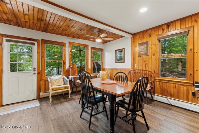 dining area with beamed ceiling, ceiling fan, baseboard heating, hardwood / wood-style floors, and wooden walls