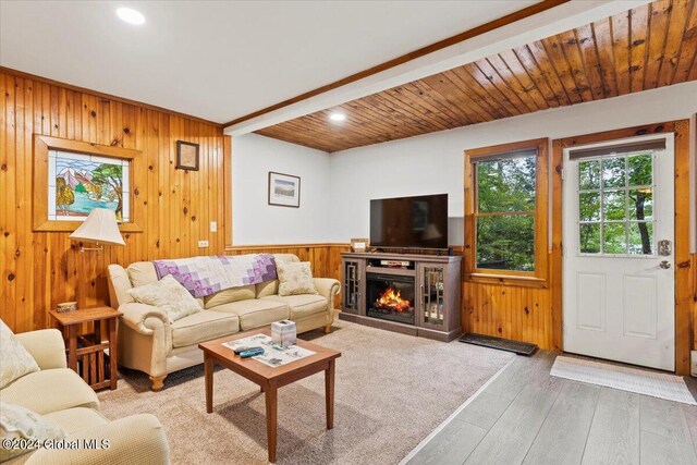 living room featuring wooden walls, wooden ceiling, and light hardwood / wood-style flooring