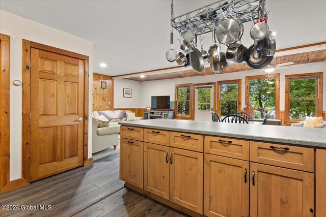 kitchen with wood walls and dark hardwood / wood-style floors