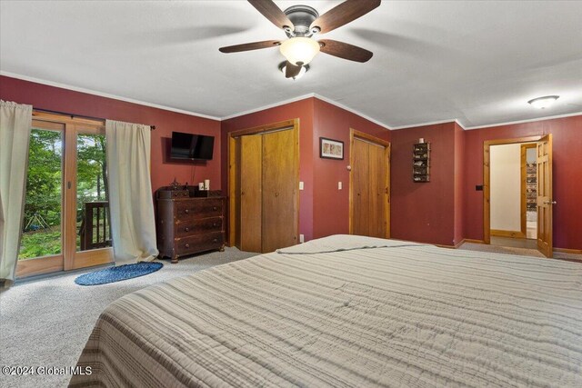 unfurnished bedroom with a closet, access to outside, ornamental molding, light colored carpet, and ceiling fan