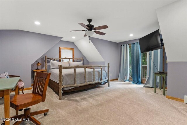 bedroom with vaulted ceiling, light carpet, and ceiling fan