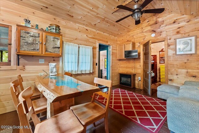 interior space with a wealth of natural light, lofted ceiling, wooden walls, and ceiling fan