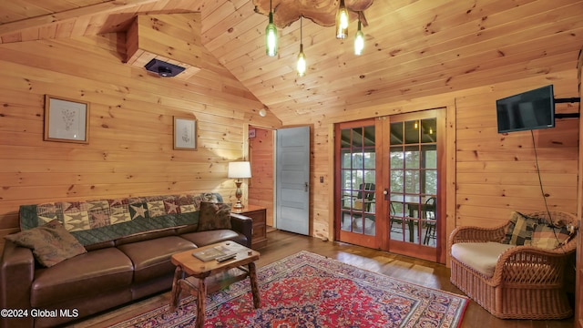 living room featuring high vaulted ceiling, wood walls, wooden ceiling, and wood-type flooring