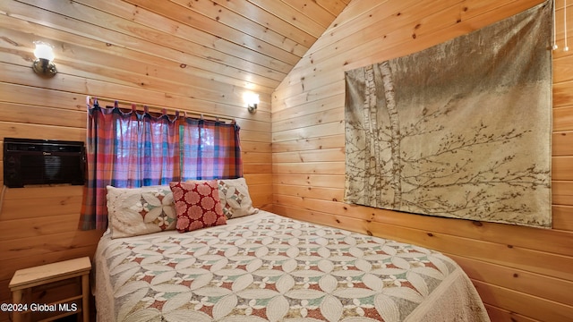 bedroom with wooden walls, vaulted ceiling, a wall mounted air conditioner, and wood ceiling