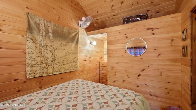 unfurnished bedroom with wooden ceiling, wooden walls, and lofted ceiling