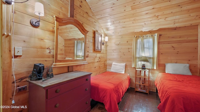 bedroom with wooden ceiling, dark hardwood / wood-style flooring, wooden walls, and lofted ceiling