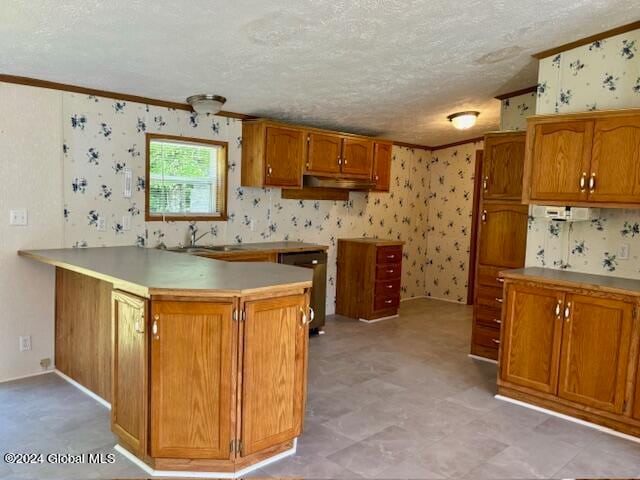 kitchen featuring ornamental molding, sink, kitchen peninsula, and a textured ceiling