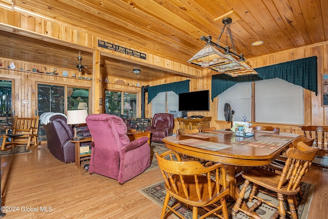 dining space featuring ceiling fan, light hardwood / wood-style flooring, and wood walls